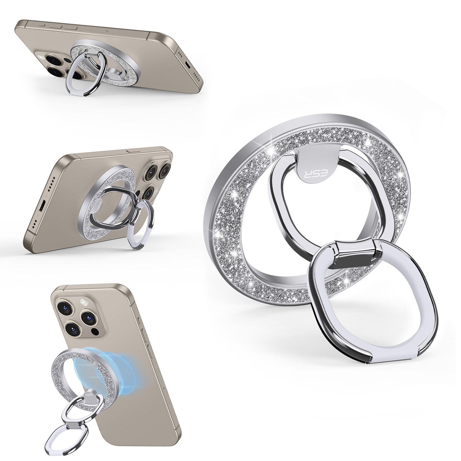 ESR For iPhone 15 / 14 / 13 / 12 Series Magnetic Ring Holder Kickstand Glitter Powder Design Metal Kickstand ESR For iPhone 15 / 14 / 13 / 12 Series Magnetic Ring Holder Kickstand Glitter Powder Design Metal Kickstand